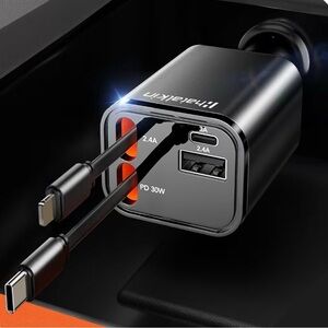 Fast‎ Charging Retractable Car Charger 69W USB-C USB-A 4-in-1 Adapter